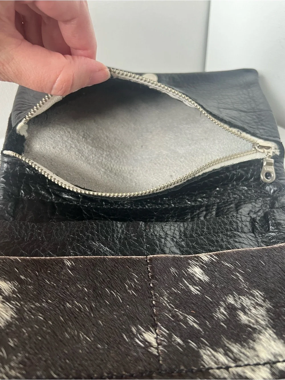 Dark Brown & White Cowhide Pouch With Pockets Inside - Made In The USA